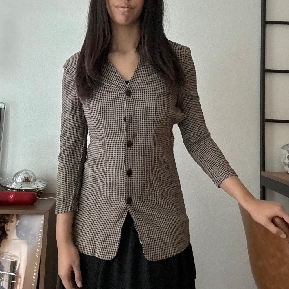 John Roberts Vintage Brown Gingham‎ Button Front Tunic Top Made in USA Size 16